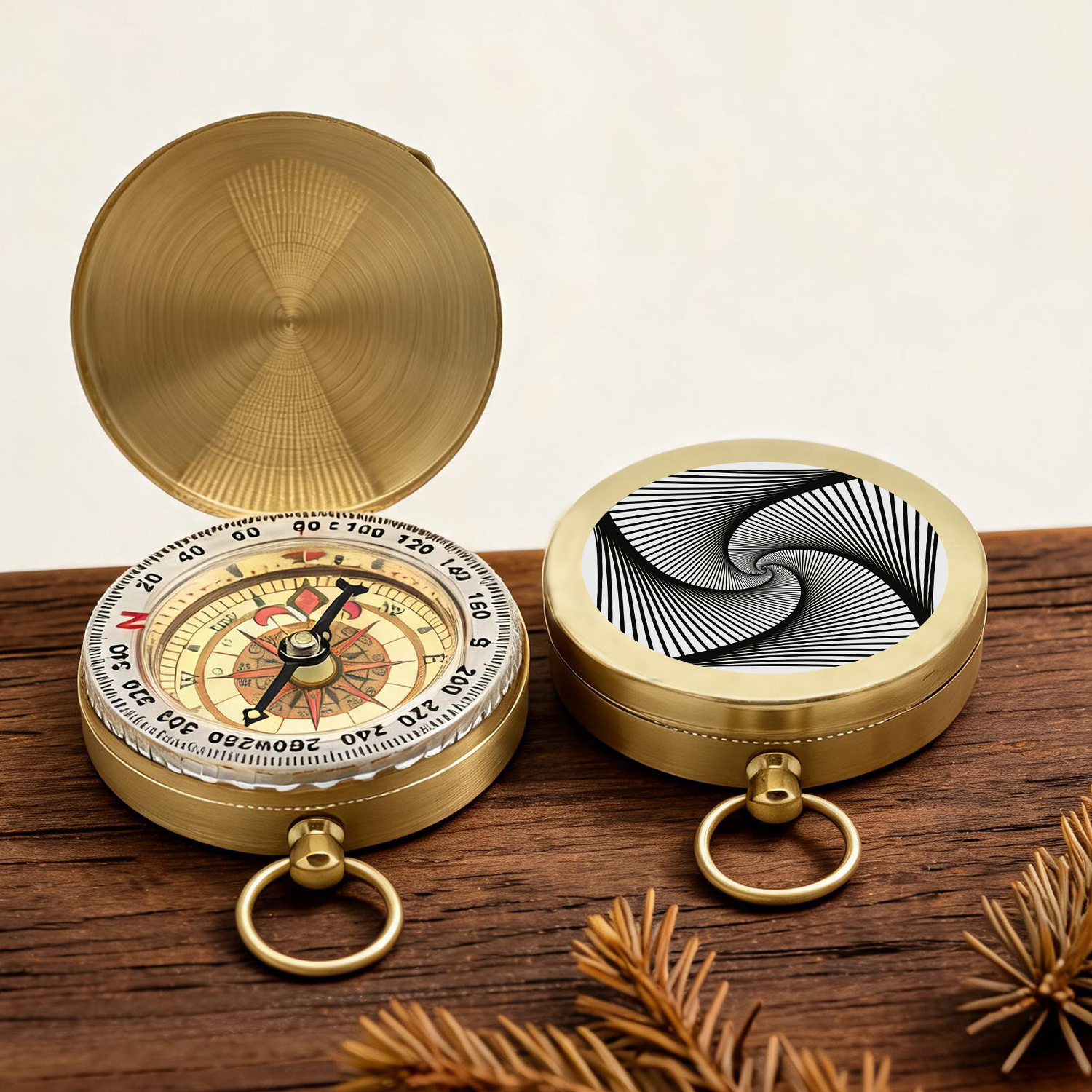 Vintage Pure Copper Spiral Line Art Pocket Compass with Key Ring