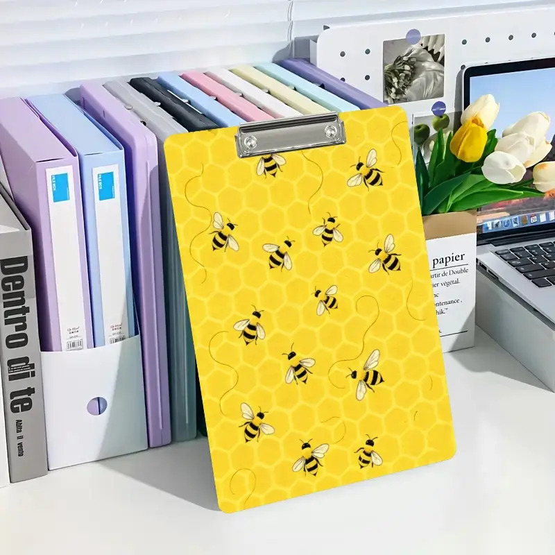 TEMU 1pc A4 Clipboard With Clip, Honey Bee Pattern, Yellow Background, Cartoon Style, Multifunctional File Storage, Portable Clipboard, Office,