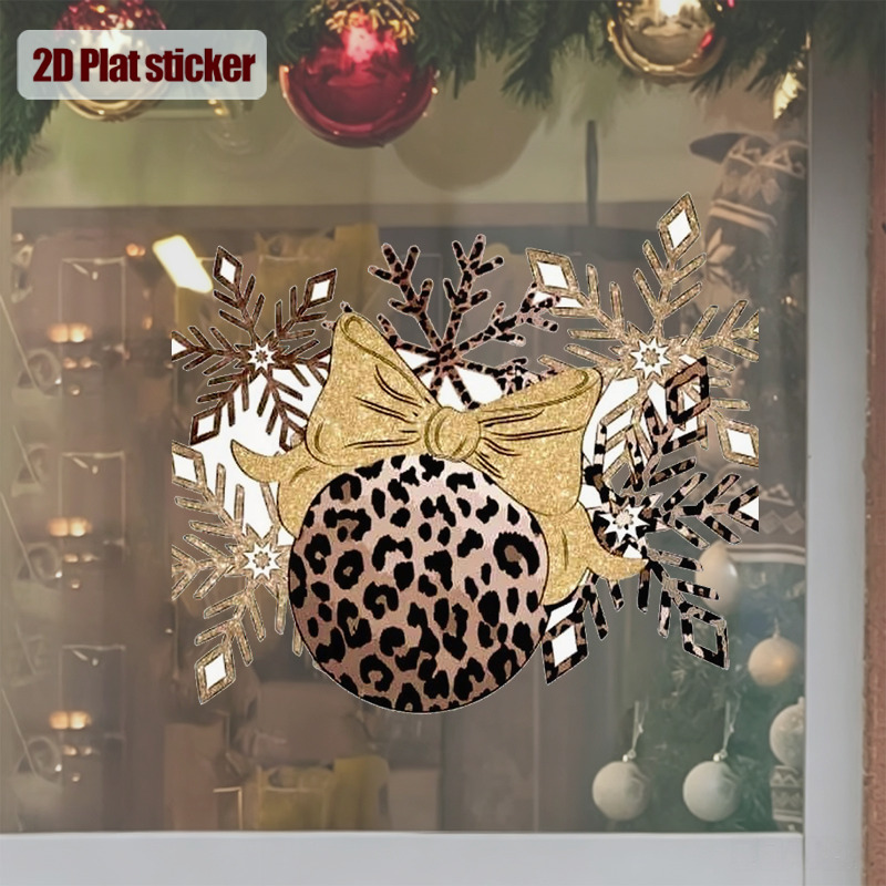 TEMU 1 Set 2 stuks Luipaardprint Ronde Bal Decoraties met Gouden Strik en Sneeuwvlok , Glaspapier, Leuk , Makkelijk te Plakken, Vakantie Decoratie,