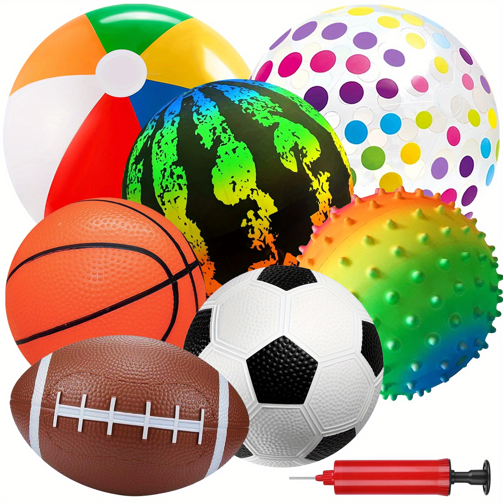 TEMU 7pcs Playground Balls With Pump, 7 Styles Inflatable Balls, Bounce Ball, Beach Ball, Basketball Soccer Ball Dodgeballs Kick Balls Handball For