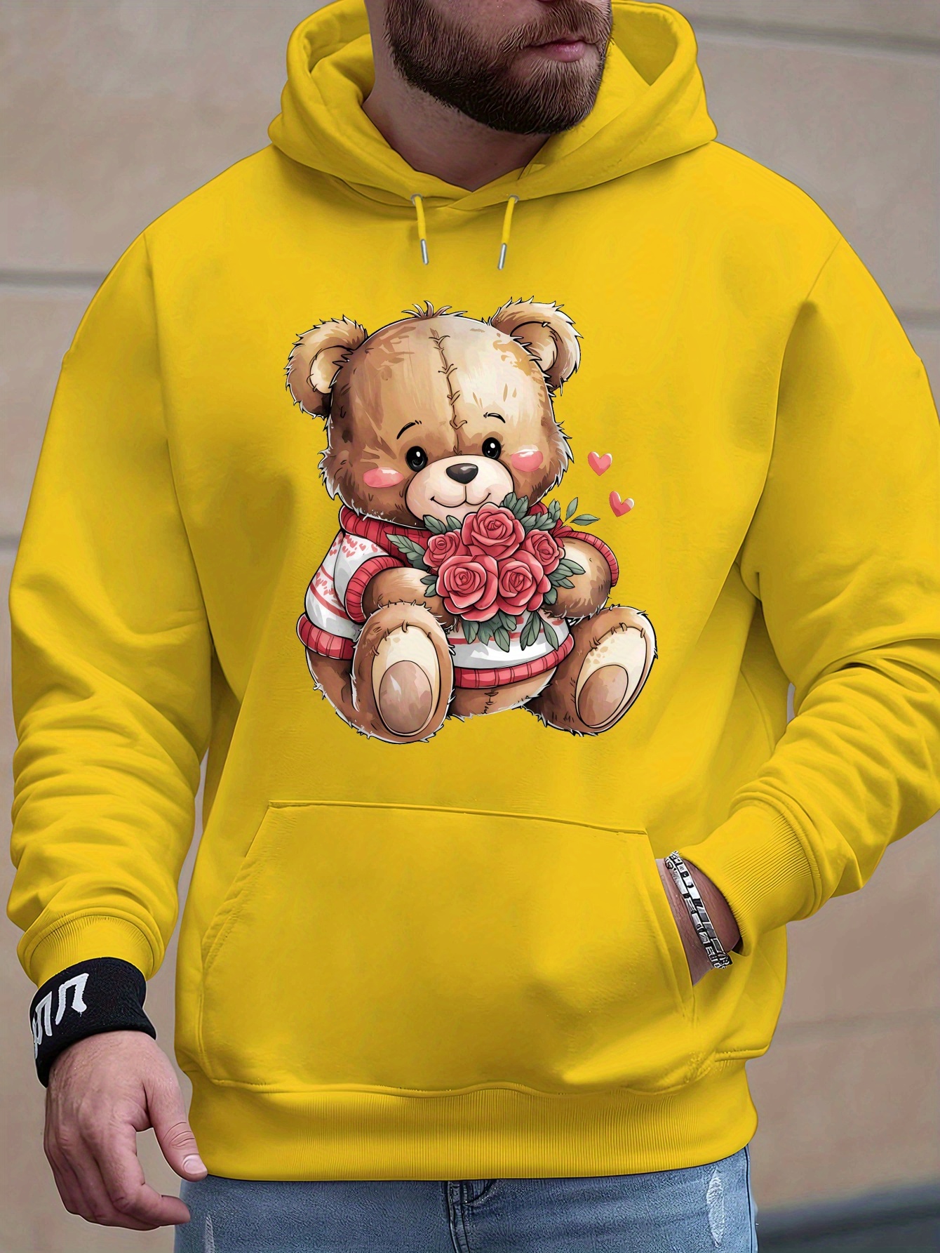 mens cozy fleece hoodie adorable teddy bear rose print Temu Poland