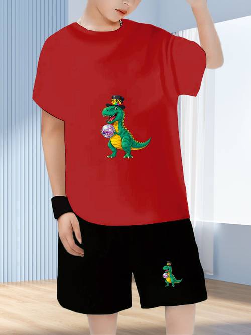 imagen del artículo conjunto de camiseta para niño, diseño de dinosaurio de dibujos animados 2026, y verde, sombrero negro, cinturón de , camiseta con forma de , para exteriores