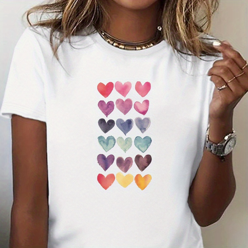 

Women's Soft 100% Gradient Heart Print T-shirt - Crew Neck, Short Sleeve, Lightweight & Breathable Graphic Tee - Ideal For Casual , Work, & Parties