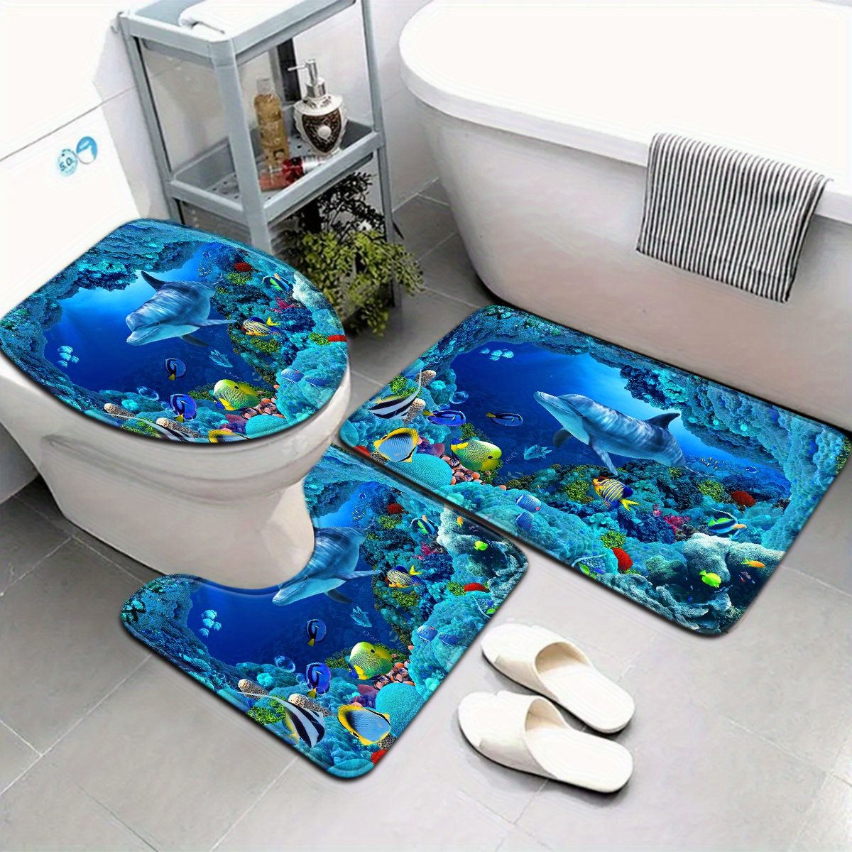 E-shop Offenes 3er-/4er-Set Unterwasser-Welt Delphin-Muster Badezimmermatten, WC-Sitzring U-förmiges Fußpolster
