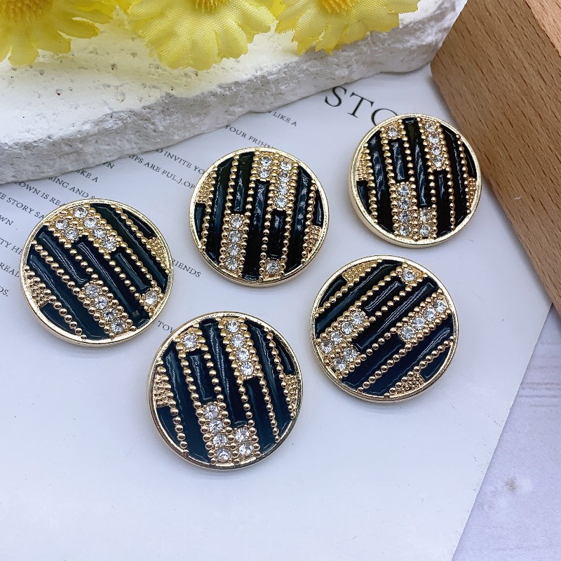 TEMU Round Striped Rhinestone Buttons In Black And Golden, High-heeled Design Buttons For Handmade Sewing Additions. Elegant Buttons For High-end