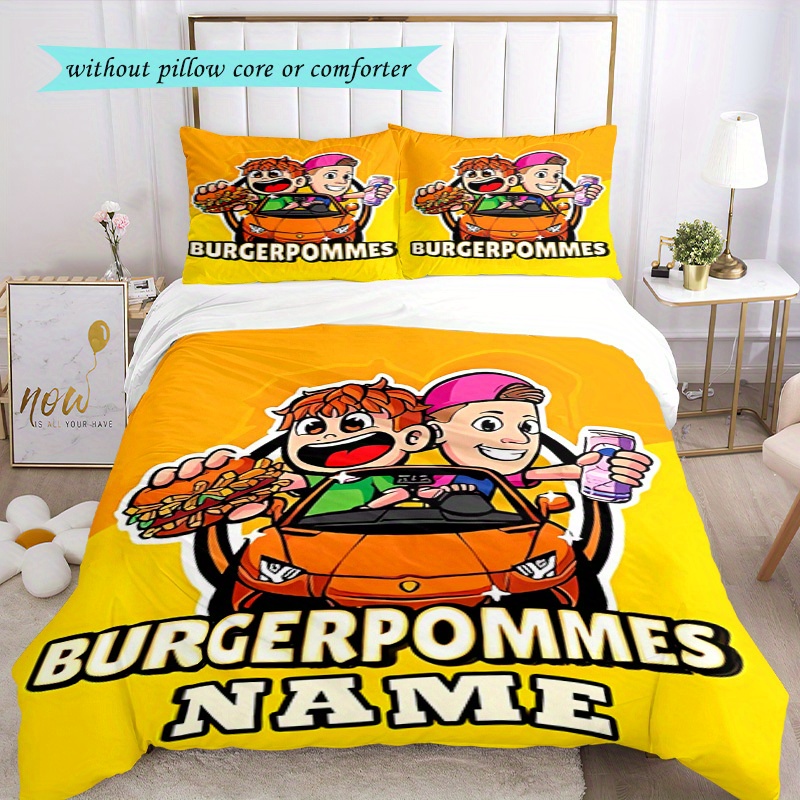 3pcs Polyester Bedding With Breathable Fabric Featuring A Burger And Fries Design - Includes A Soft Duvet Cover And 2 Pillowcases, Machine Washable, Ideal For Use