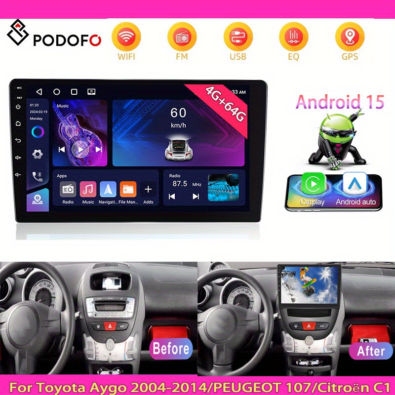 Image of Podofo [4+64] For Car Stereo For Aygo 2004-2014/ For / C1 Double Din Radio, 10.1 Inch 1280p Ips Touch Screen Radio For Auto Car Radio Fm/ Rds/ 32eq Wireless Gps Wifi Swc+mic, Free Ahd Backup