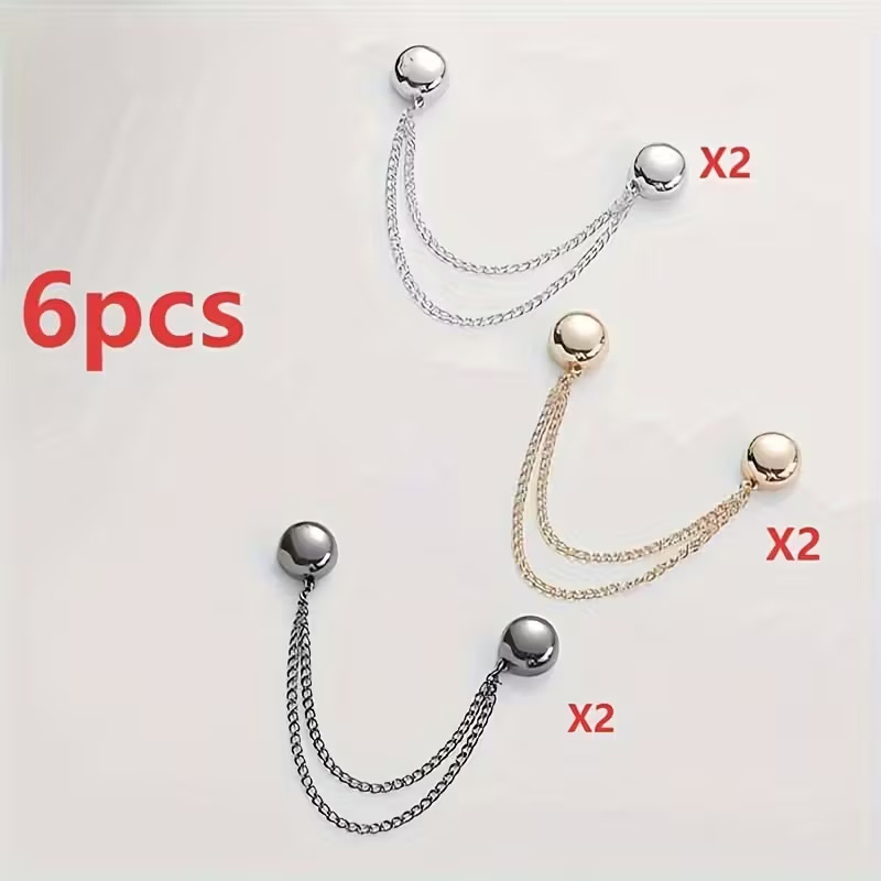 Image of 6pcs Women's Magnetic Shirt Clips | Adjustable Chain Design With Ball Decor, Alloy Material, No Sewing, For Shirts, Sleeves, Skirts, Pants, Fashionable And Durable
