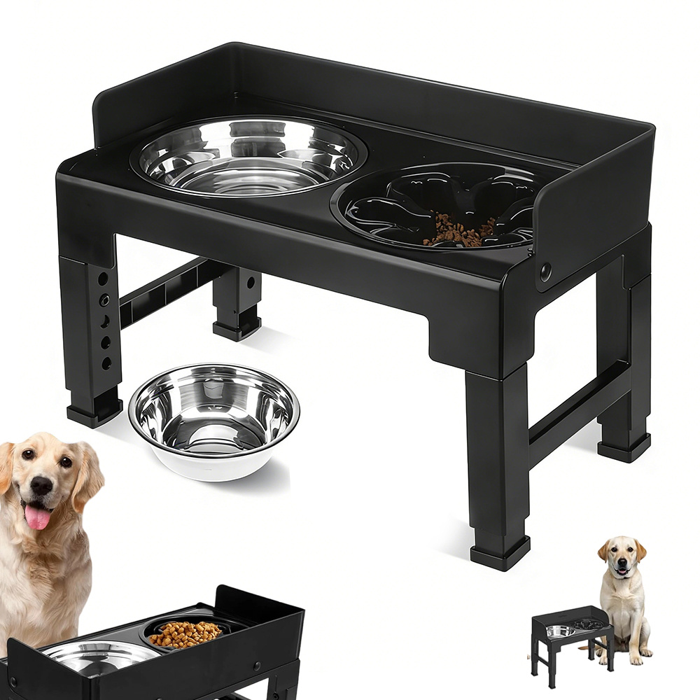 Elevated Pet Feeder With Height Adjustment And Tilt Function | Set Of 3 Bowls Including 2 Stainless Steel Dishes And A Slow Feed Bowl, With Splash Guard And Stability Feet, Iron Material