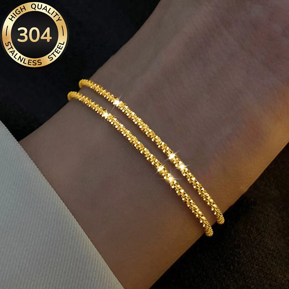 TEMU 2pcs Bracelet Set, High-quality 304 Stainless Steel Hypoallergenic Golden Bracelets, Polished, Fade-resistant, Simple And Elegant, Fashionable