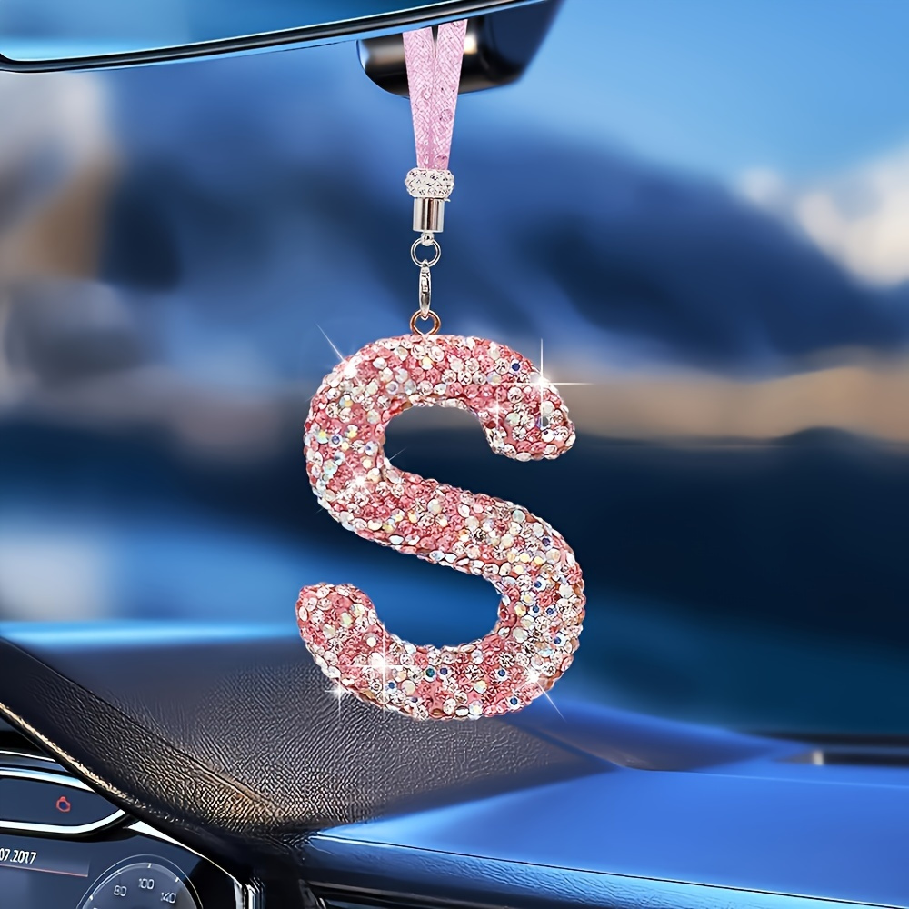 TEMU Shiny Car Pendant: Colorful Rhinestone Letter Charm | Adorable Diamond-studded Car Decor For Women, Interior Additions, And Pink Crystal Chain