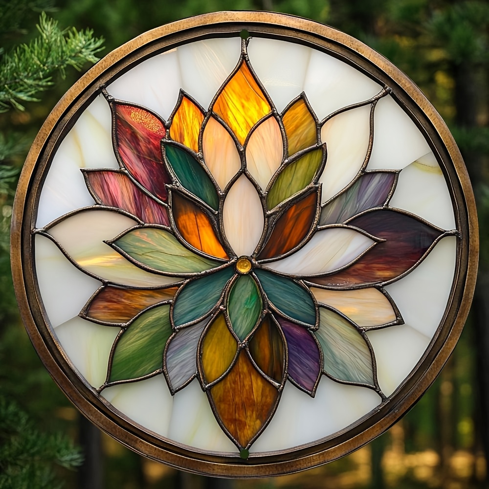 TEMU 2d Flat, Use. : 2d Flat Design, 1pc Vintage Mandala Wall Decor - 8x8 Inch Round For Lotus Emblem, Stained Glass Pattern, Copper Brown Frame, No