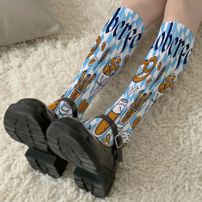 TEMU Walk A Directional 1pair Of Women's Calf Socks, Oktoberfest-themed Blue And White With Pretzel And Beer Pattern, Sexy And, Thin, Versatile For