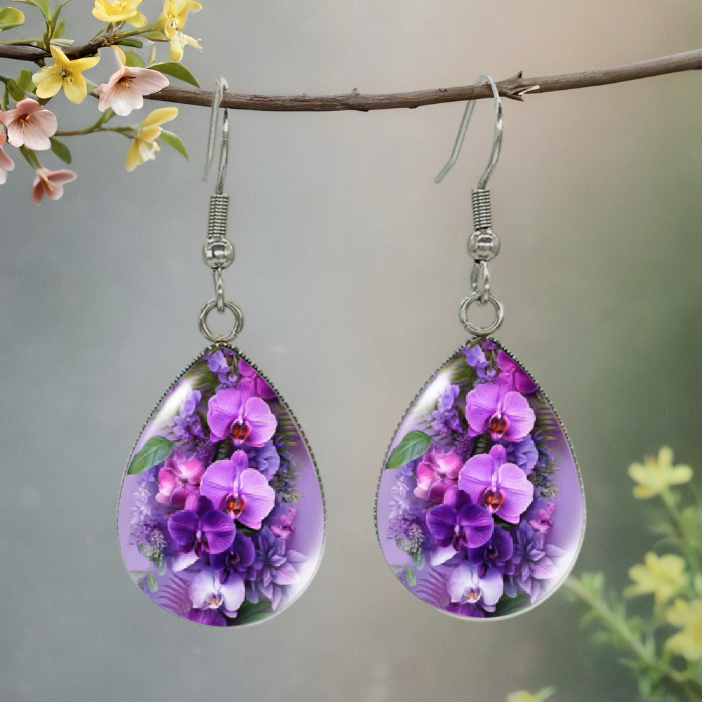 TEMU 1 Pair Exquisite Purple Orchid Earrings - Botanical Pattern Drop Jewelry, Men's Ear Studs
