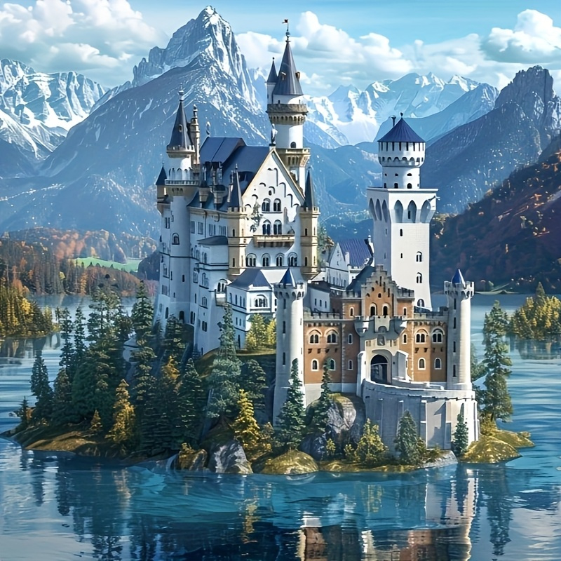 a 5d diamond painting kit   in multiple sizes 11 8x11 8 inches 15 75x15 75 inches 19 68x19 68 inches featuring a lakeside castle round   craft suitable for home wall decoration with   themed canvas frameless