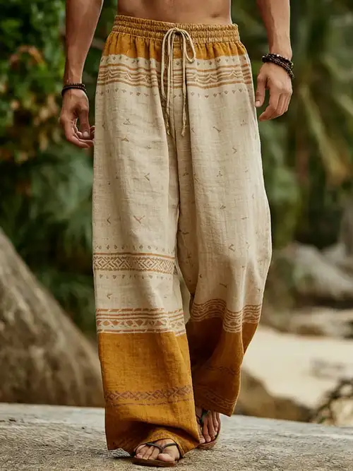 *'s Beige & Turmeric Gradient Ethnic Print Pants, Elastic Waist with Drawstring, Lightweight Drape Fabric, Ethnic Style Casual Trousers *'s Beige & Turmeric Gradient Ethnic Print Pants, Elastic Waist with Drawstring, Lightweight Drape Fabric, Ethnic Style Casual Trousers
