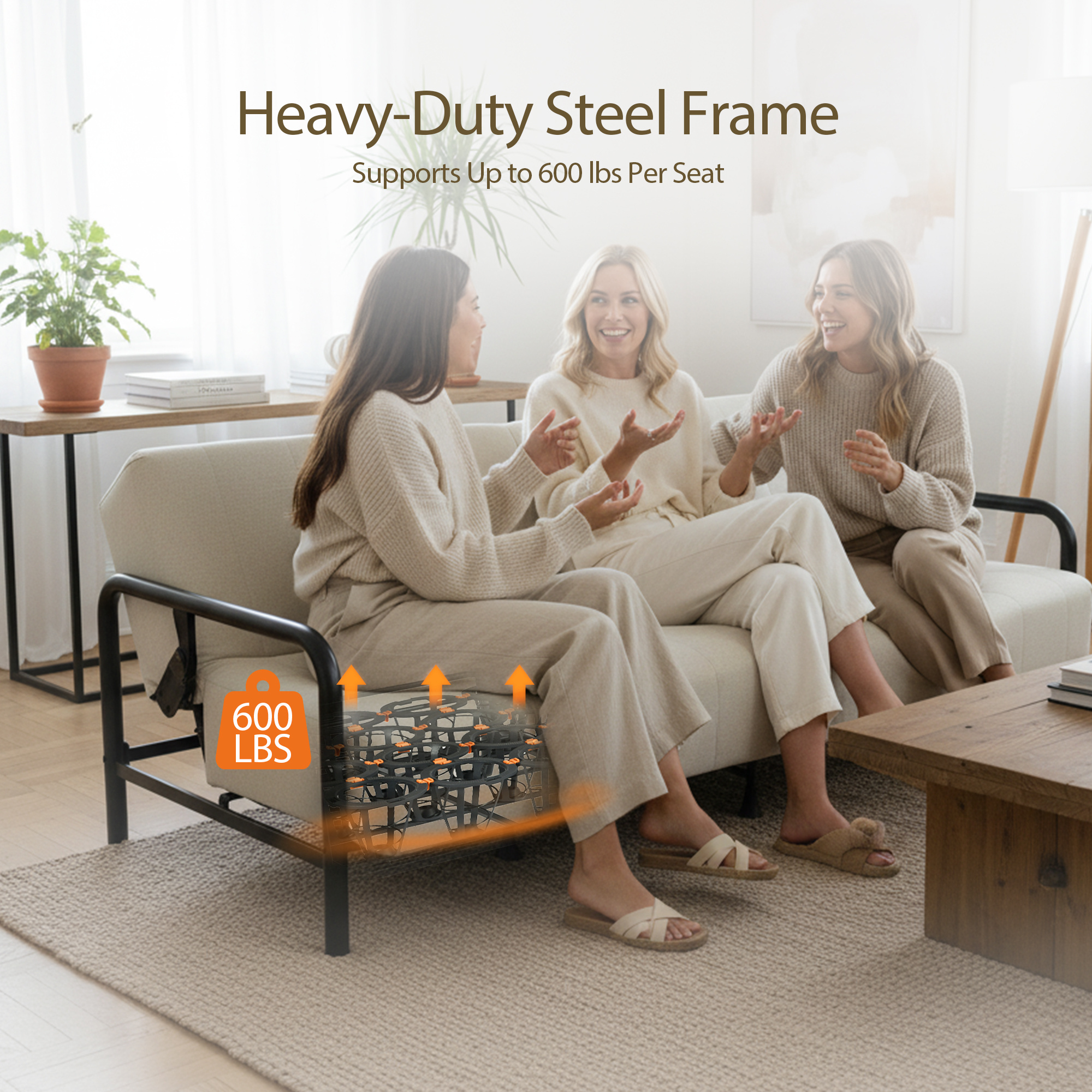 Modern Convertible Upholstered Sofa Bed with Adjustable Backrest & Independent Spring Support - Heavy-Duty Metal Frame, 600 Lbs Weight Capacity, Smooth Flat Sleeper Bed for Small Spaces, Guest Room, Daybed - Assembly, Space-Saving