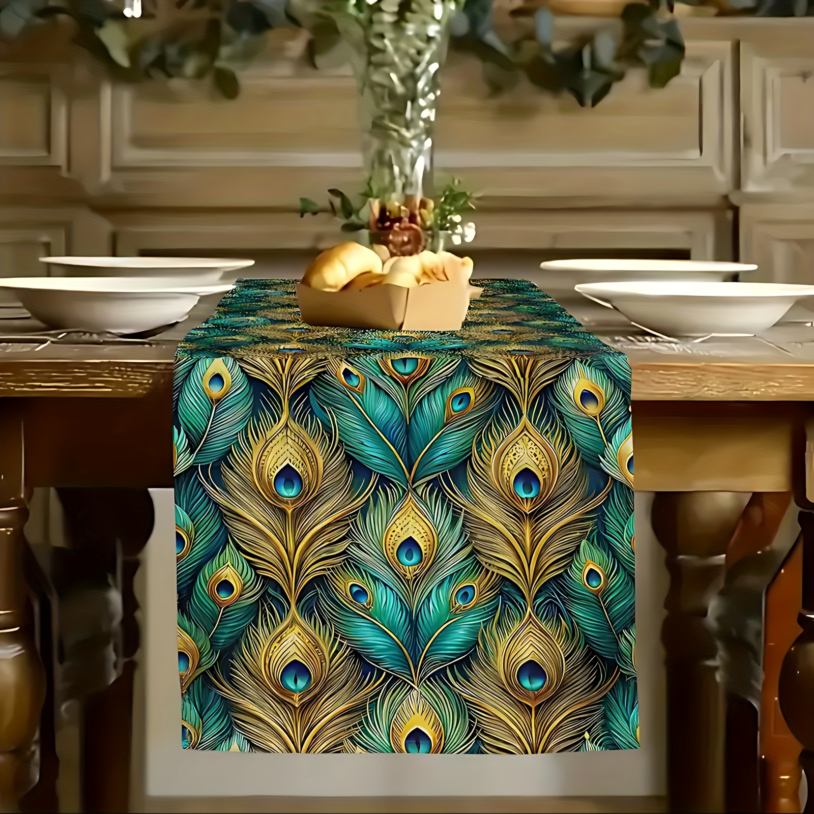 TEMU 1 runner da con piume di - Decorazioni rettangolari vivaci blu- e dorate per cucina e sala da , per feste , ristoranti, tovaglia facile da