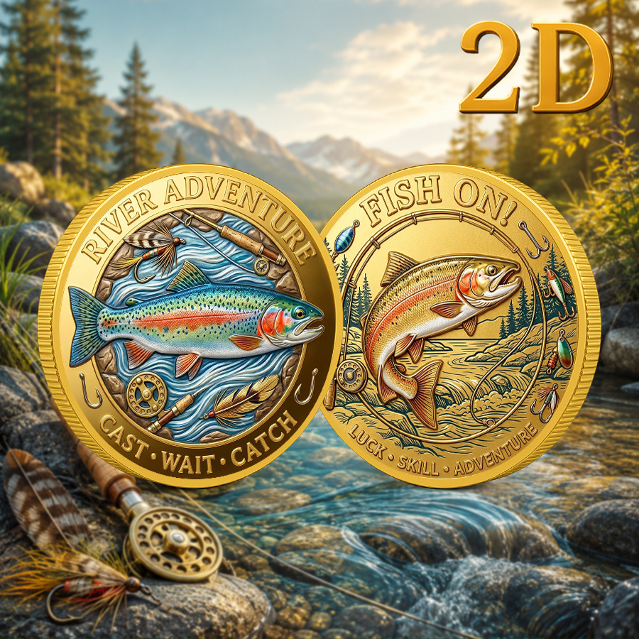 TEMU 1pc, 2D , Thème Pêche à la Truite Pièce Commémorative Dorée Pièce Métallique Dorée Art Pièce Pièce de Pièce de Poche, Fluviale Anglaise/Pêche au
