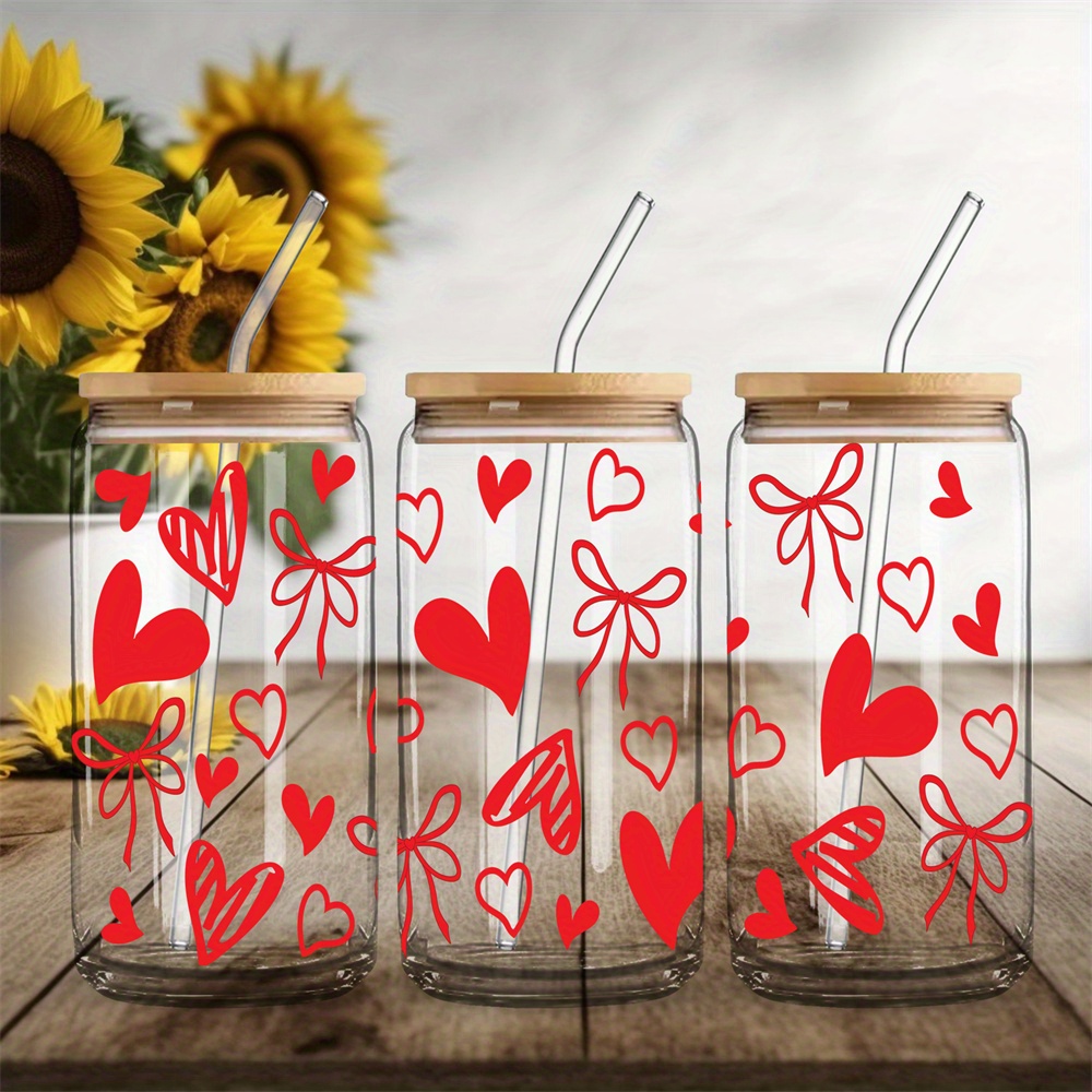 TEMU 1pc 16oz Transparent Glass Cup With Large Red Bow And Heart Print Pattern Water Cup Suitable For Coffee, Beverage, Beer, Milk, Juice - Suitable
