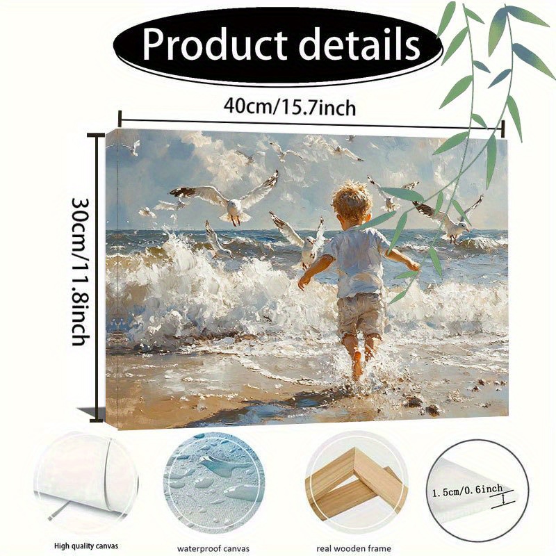 TEMU 2d Flat, 1pc Wooden Framed Canvas Painting - Boy Running The Sea With Flying, Ocean Waves Beach Scene Art Print, Ready To Hang Wall Decor For