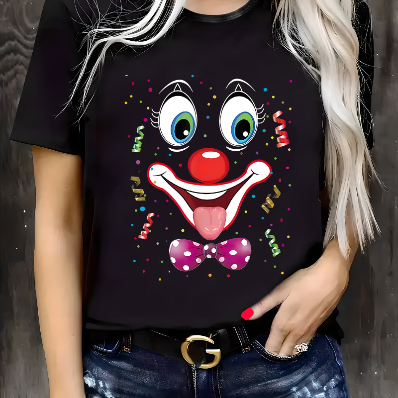 

[seasonal ] Women's Clown Face Graphic T-shirt - Casual Round Neck, Short Sleeve, Polyester , Vibrant Carnival Print, Spring/summer Wear, Spring Fashion Tee|vibrant Casual Wear|machine Washable Top