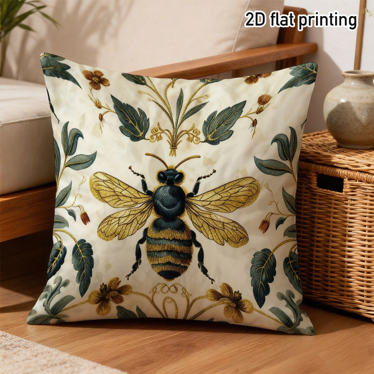 TEMU 1pc Of Vintage Bee-themed Pillow Cover Featuring Double-sided Prints With A And Floral Leaf Design. Made From Durable Polyester Fabric With A