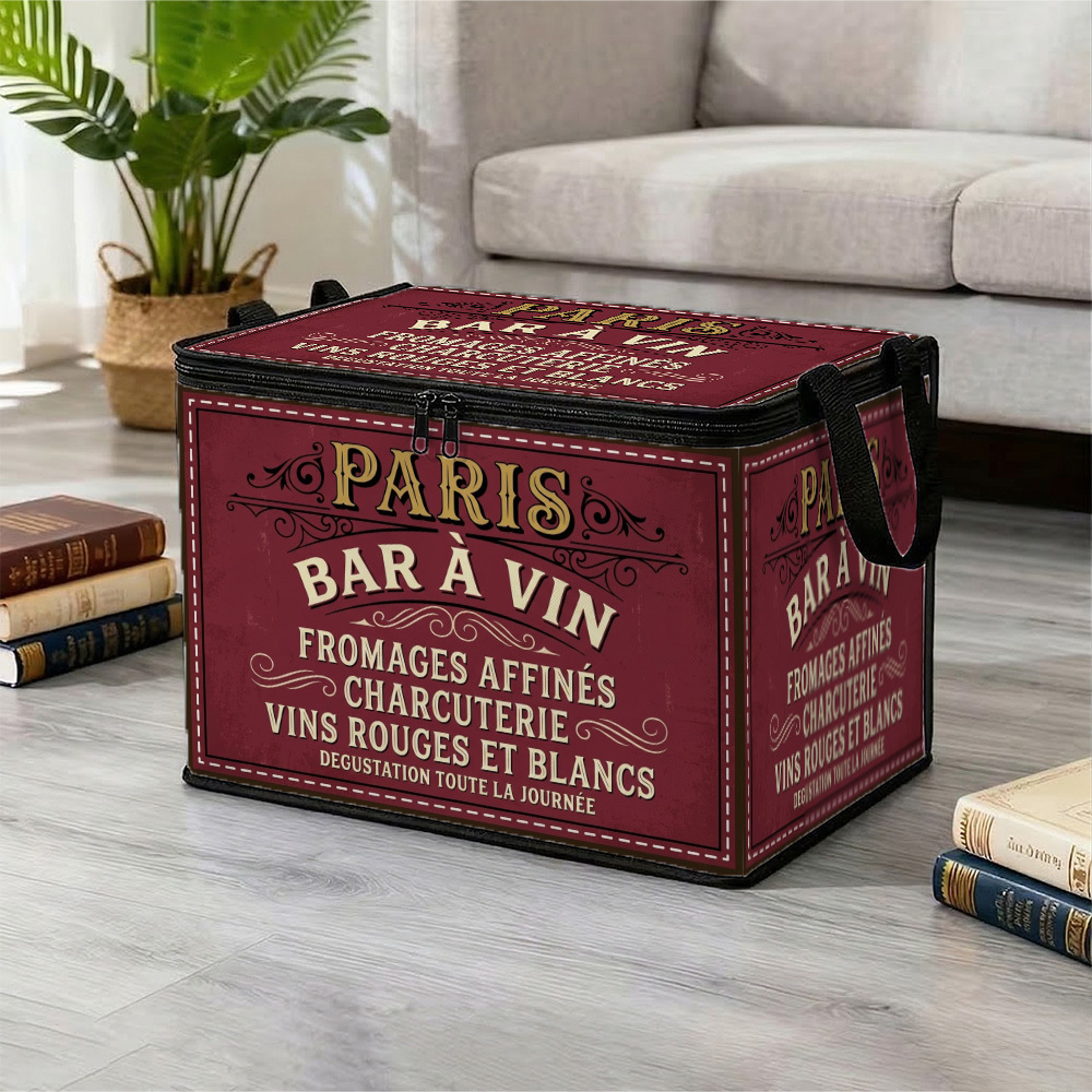 TEMU 1pc Vintage French Bistro Large Foldable Zippered Storage Box " À Vin", Suitable For Holiday Supplies, Clothes, Pants, And Bedding Storage,