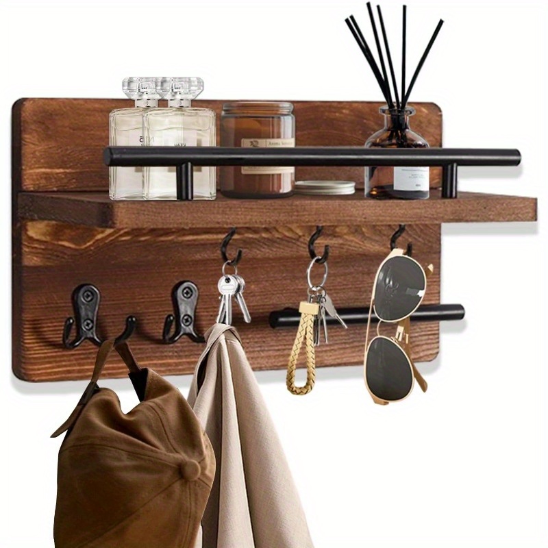 Image of 1pc Key Holder With 5 Stainless Steel Hooks, Wooden Wall Bracket, Wooden Key Holder With Shelf, Wall Key Rack For Post, Keys, Letters, Newspapers, Wooden Storage For Hallway, Entrance, Office