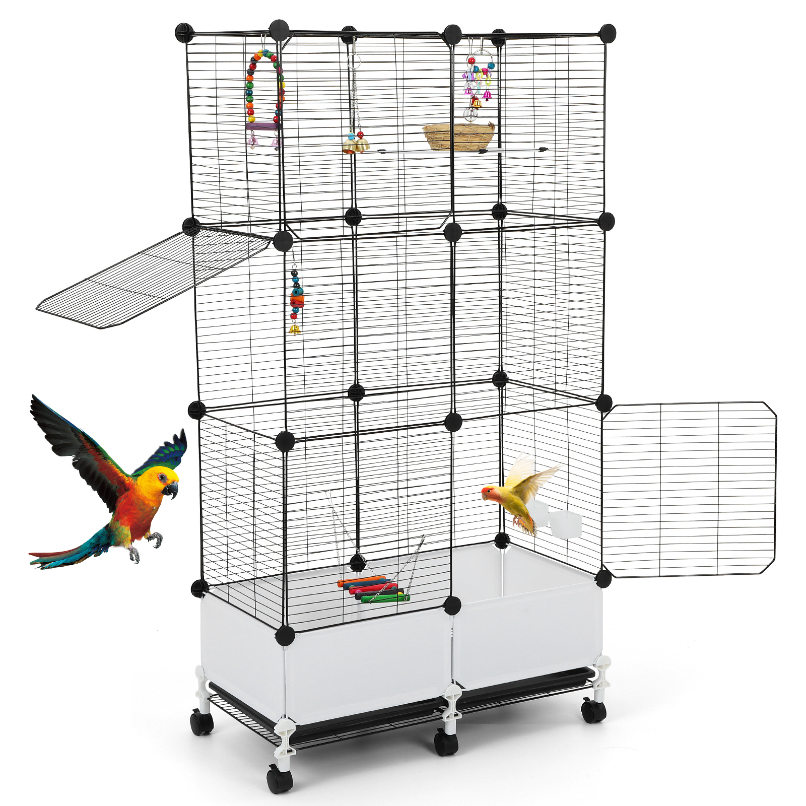 Image of Spacious 3-level Transparent Birdcage With Wheels, Ideal For Cockatiels, Large , Thrushes, Budgerigars, Lovebirds, Star , And Acanthus