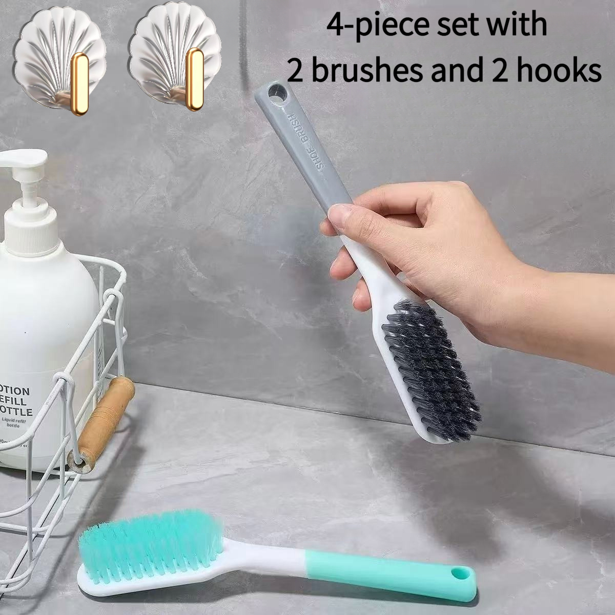 TEMU Brosse de nettoyage à double couleur avec long manche et trou de suspension, brosse lavable pour , brosse à poils rigides pour l'élimination des