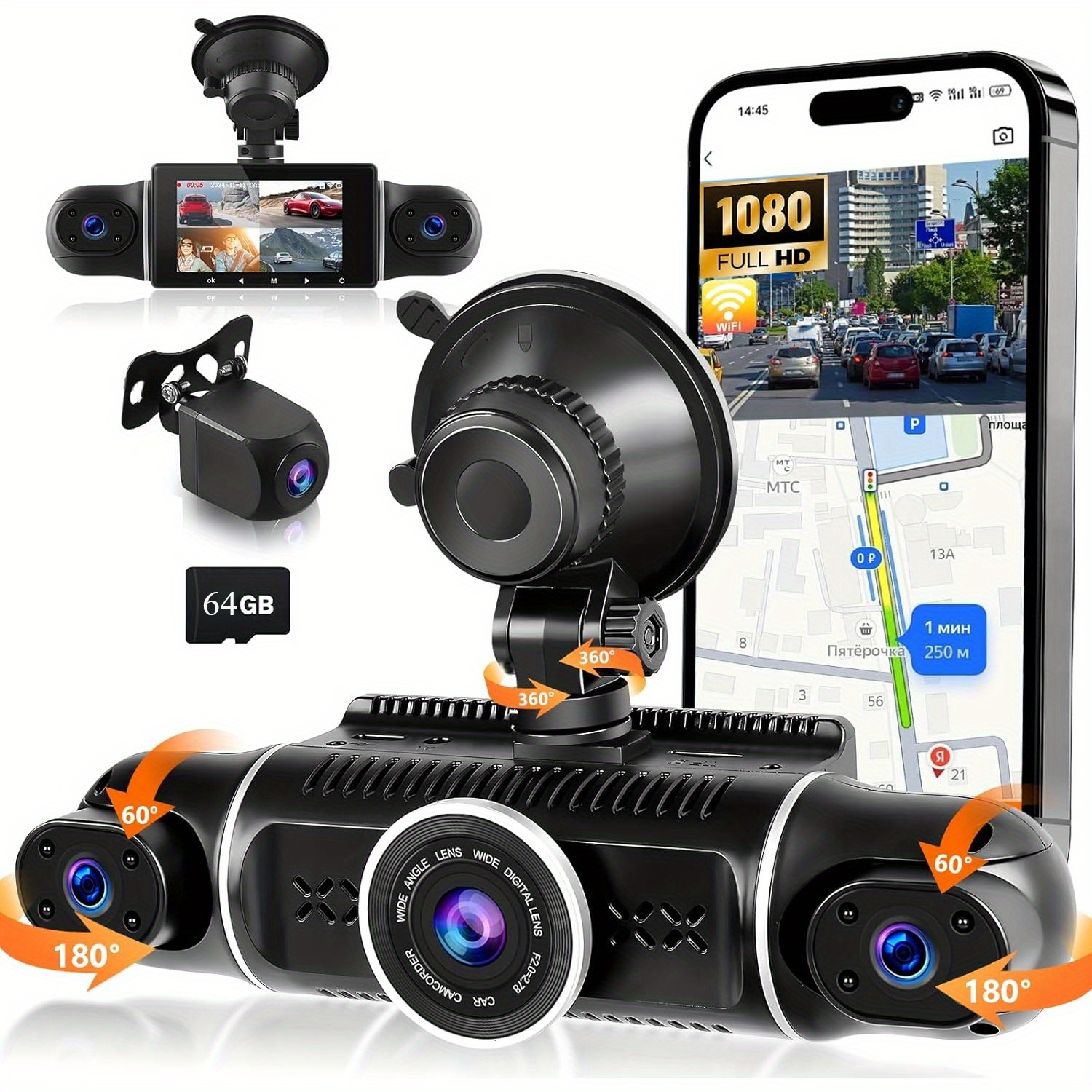 3 inch dash cam for cars wifi 360 dash cam front and rear inside 4 channel ips touchscreen dash cam front and rear inside   dash camera with 8 ir night   loop recording   app control with 32g 64g tf