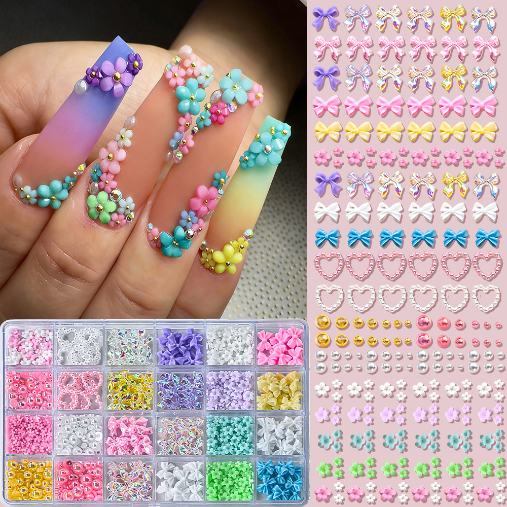 TEMU 24 Grids 3d Flower Nail Art Kit, Colorful Bow Heart Rhinestone Nail Charms, Includes 3d Resin Flowers, Colorful Bows, Heart-shaped Rhinestones,