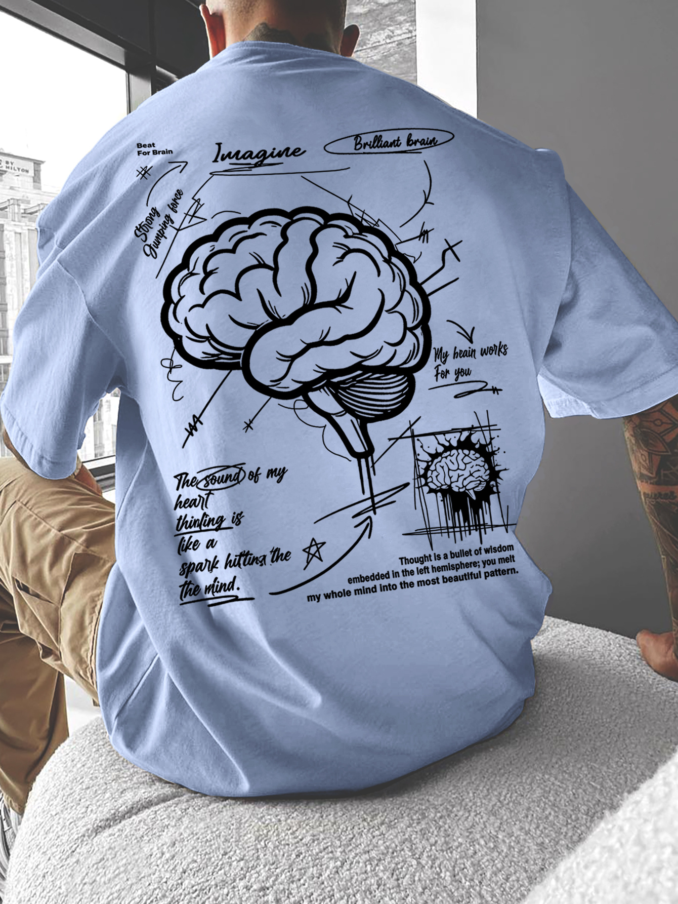 American Style Men'S Casual Round Neck T-Shirt with Thought-Provoking Slogan And Brain Print for Casual Gatherings And Trendy Outfits