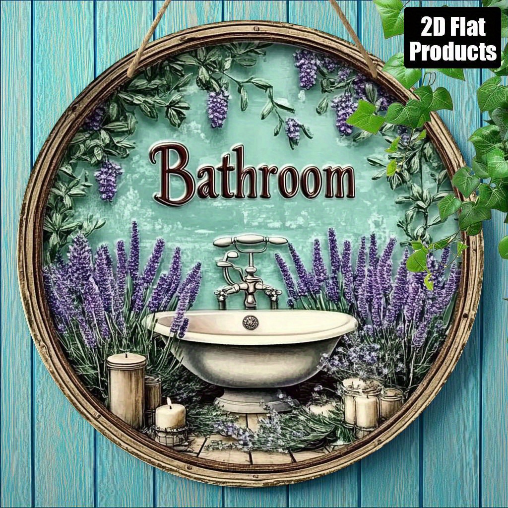 TEMU 2D Plat - Un design plat 2D avec un panneau de salle de bain vintage - une décoration murale ronde en bois de 8X8 pouces avec des de lavande et