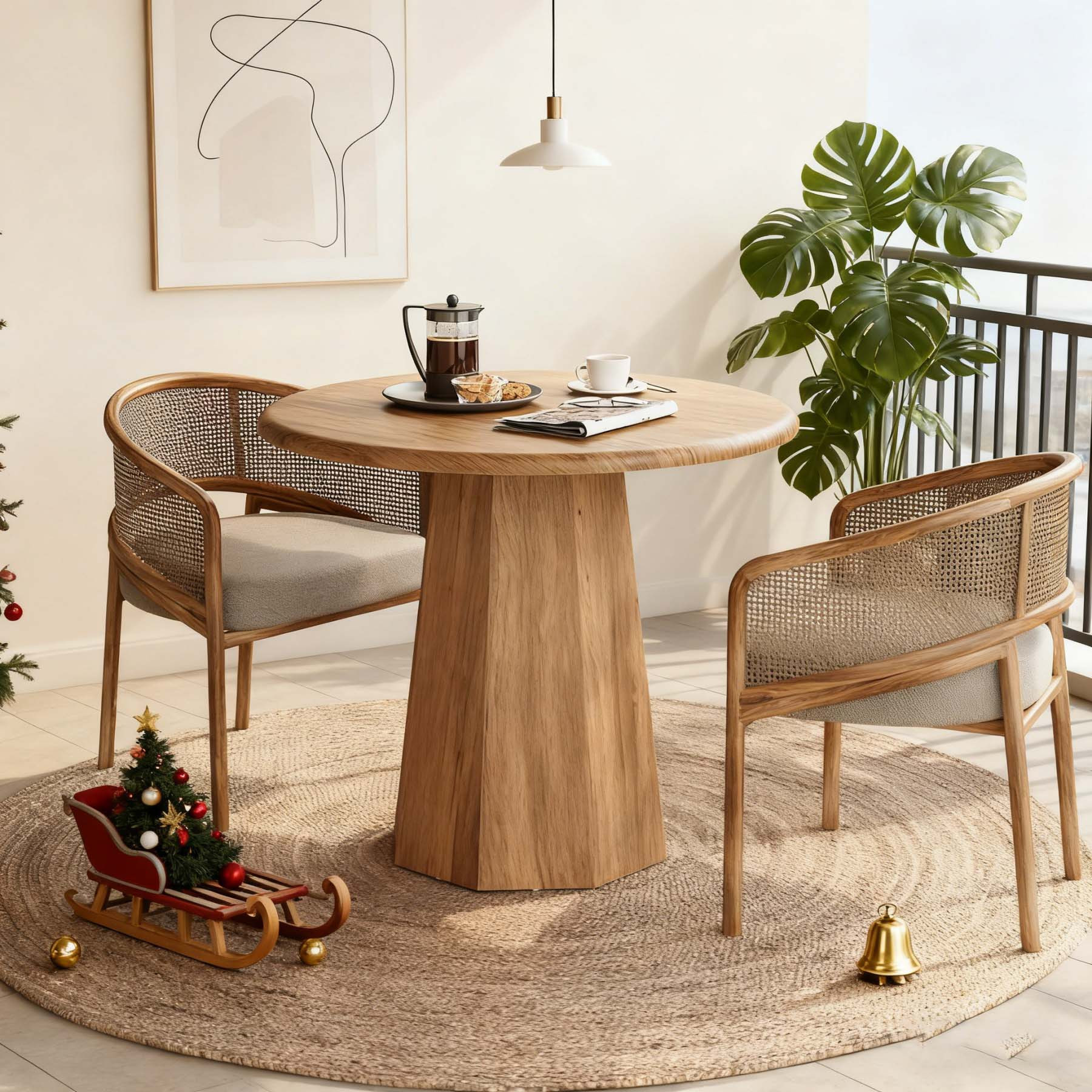 Image of " Round Small Dining Table For 4 - Oak Brown Wood Kitchen Table With Tabletop & Sturdy Base, Space-saving Circle Dinner Table Suitable For Apartments, Office, Living Room & Restaurants - Easy