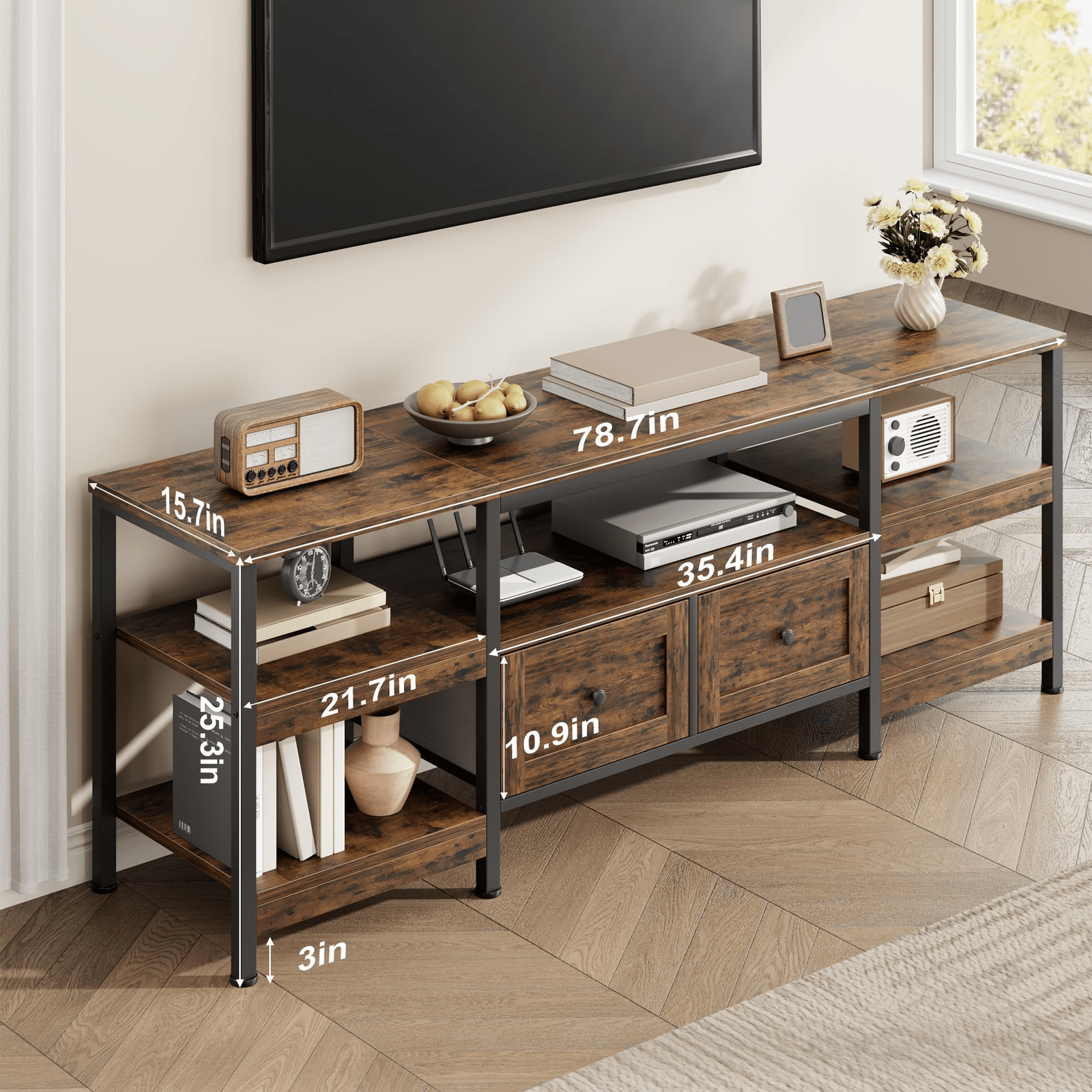 Industrial Tv Stand With Frame & 2 Drawers - Modern Entertainment Center - Open Storage Shelves - Durable Media Console - Fits Tvs Up To 75" For Living Room Or Bedroom