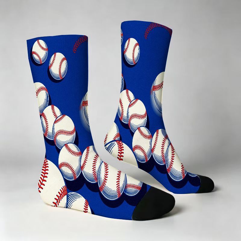 TEMU Baseball Print Crew Socks, Vibrant Royal Blue Athletic Socks With White Baseball And Red Stitching Pattern, Motion Effect Design, Black