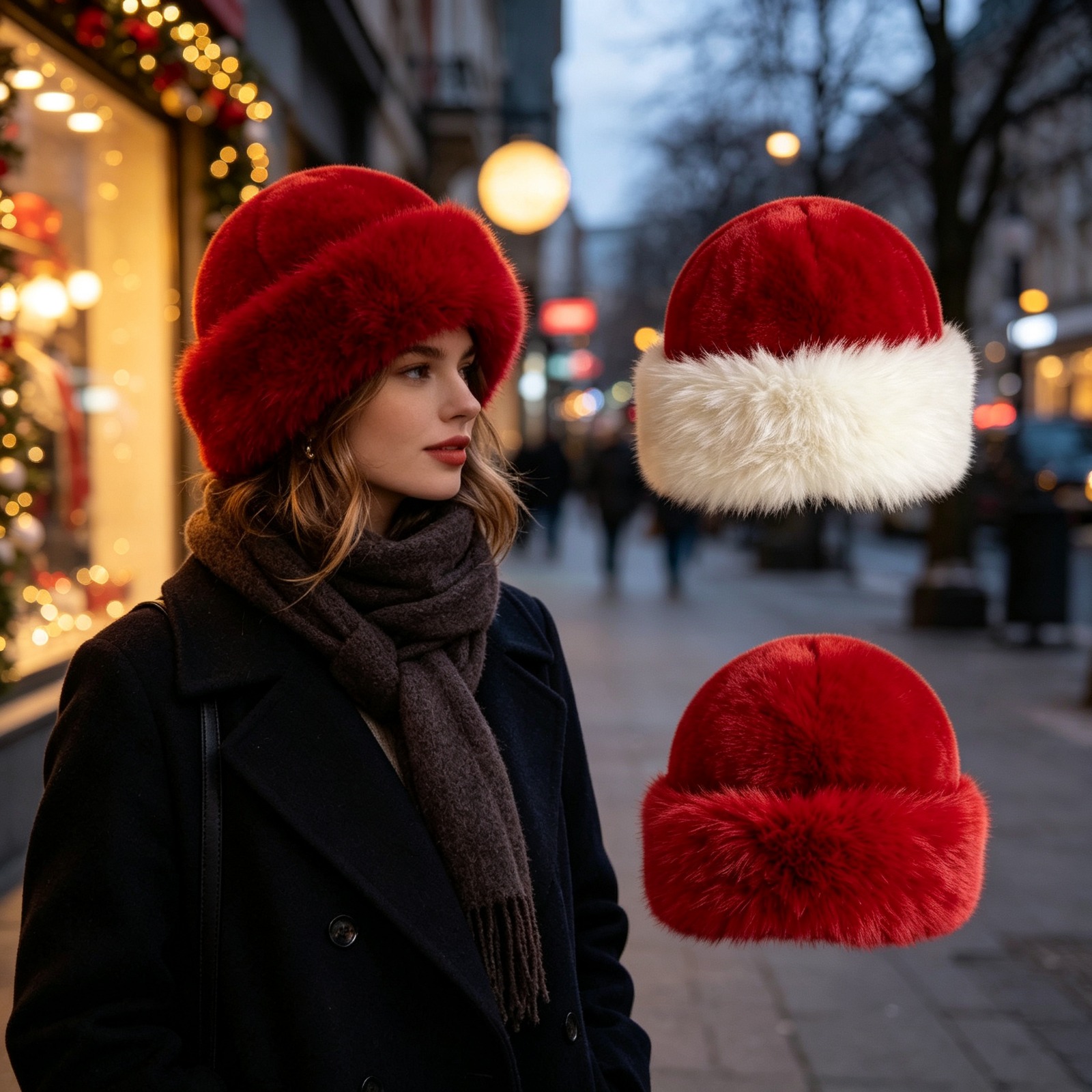 TEMU 2pcs Womens Christmas Fuzzy Warm Hat Set Red Hats Soft Thick Ear Protection Design For Holiday Party Outdoor Daily Wear Headwear