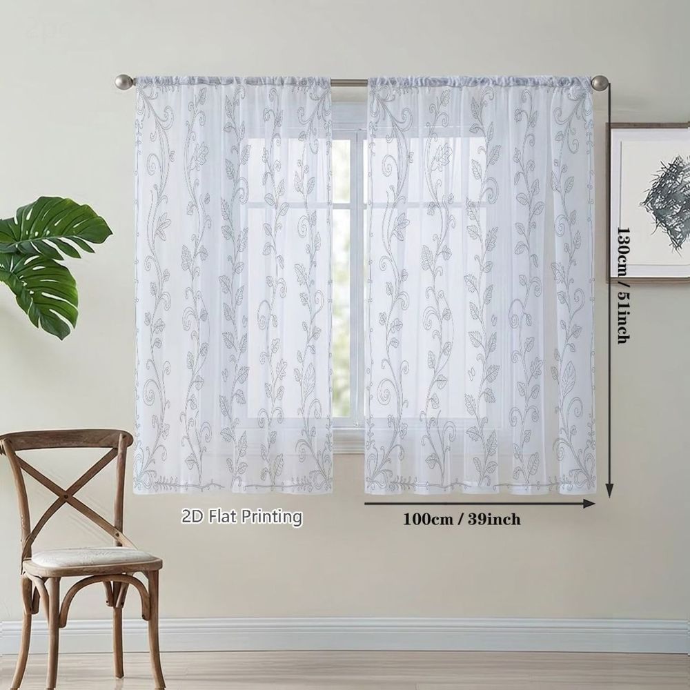 TEMU 2d Flat, 2pcs Small Semi-transparent Sheer Curtains, 2d Flat, 2pcs Small Semi-transparent Sheer Curtains, Elegant Botanical Vine Floral Line Art