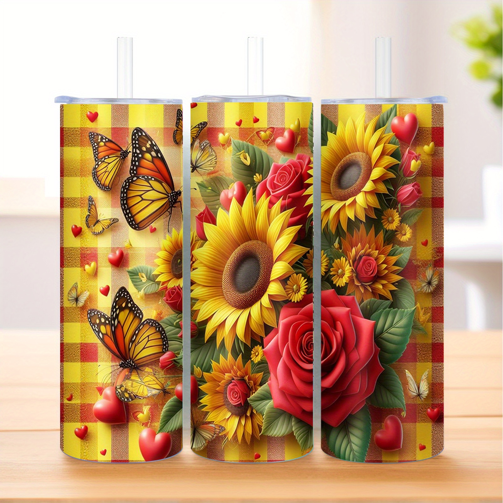 TEMU 20oz Stainless Steel Vacuum Insulated Tumbler With Straw Lid - Vibrant Sunflower/ Rose/ Design, Leakproof, Hot/ Cold, Perfect Gift For Outdoors/