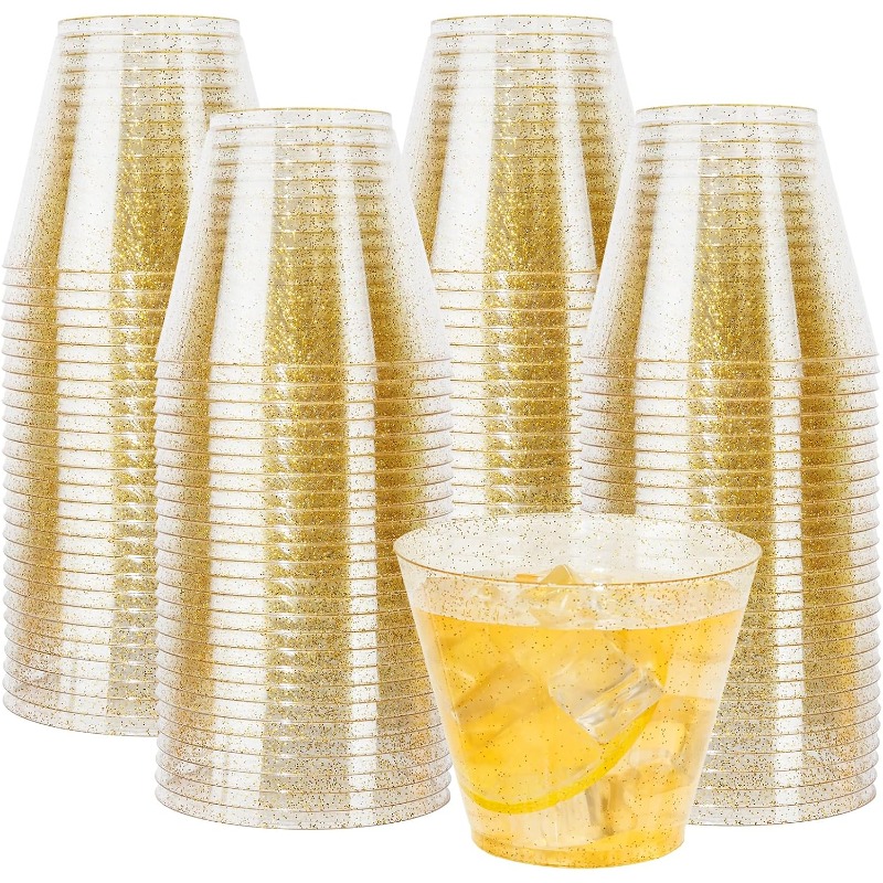 set 100 gold colored plastic cups 9 ounces featuring a hard - Temu