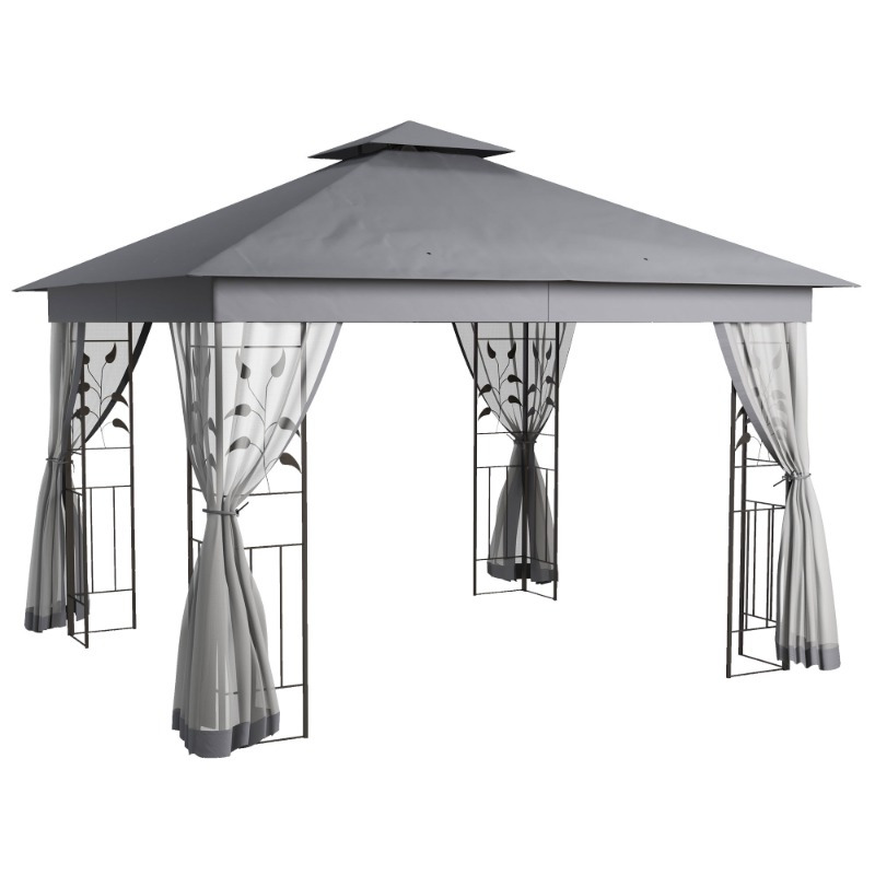 10' x 11.5' Gray Metal Gazebo with Double Roof, Tree Motif Frame and Netting, Durable Outdoor Canopy Shelter for Garden, Lawn, Backyard or Deck.