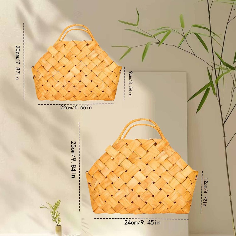 Hand-woven Bamboo Storage Basket, Bamboo Woven Gift Basket, Flower Basket with Sturdy Handle, Rustic Home Decor Tote Basket, Suitable for Wedding Party Favors, Home Kitchen Countertop Organizer, Living Room Shelf, Shelf Baskets