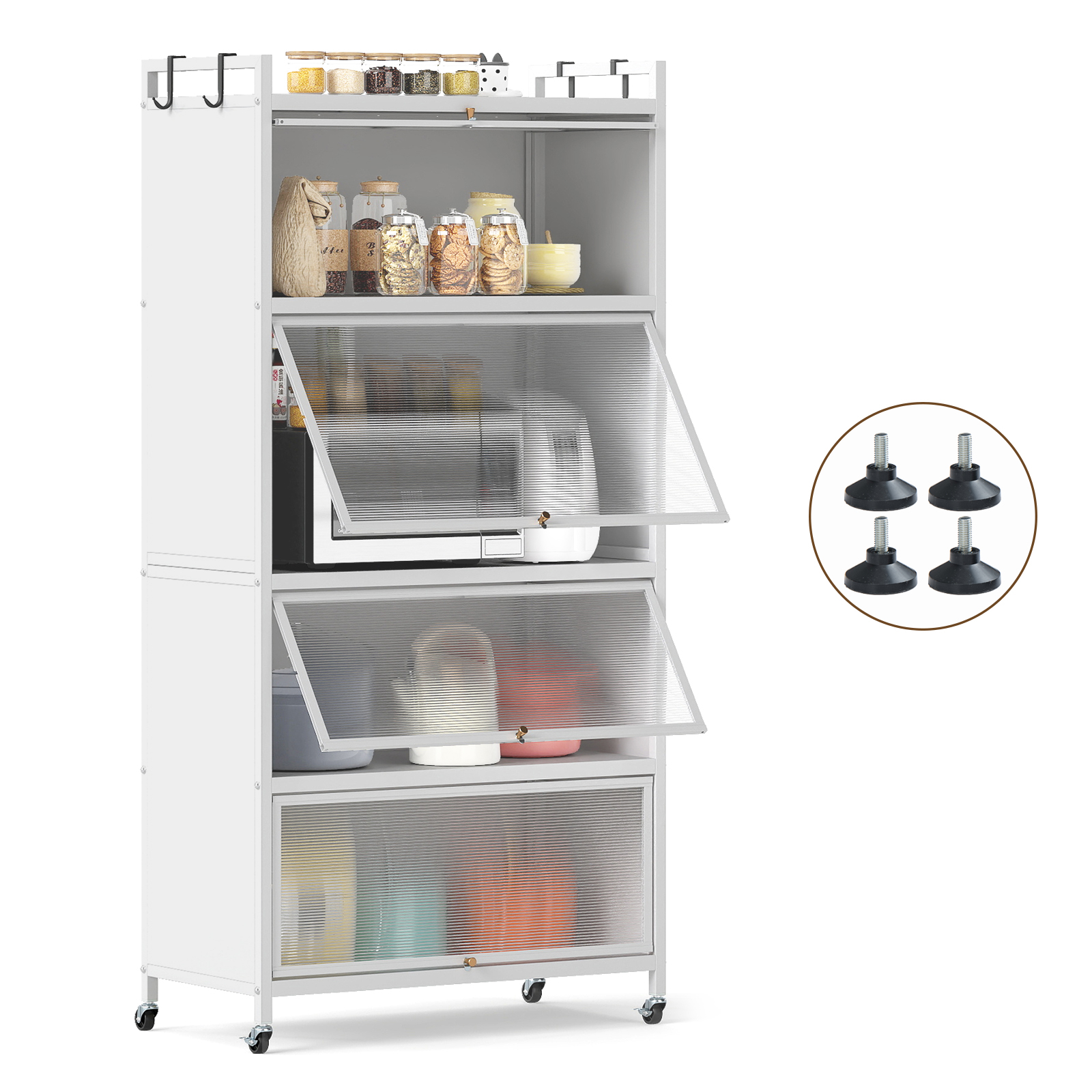 Image of 5-tier Buffet Cabinet, 64" Tall Freestanding Kitchen Storage Cabinet With 4 Flip-up Doors, Rolling Microwave Stand Display Rack With Replaceable Foot Pads For Living Room, White