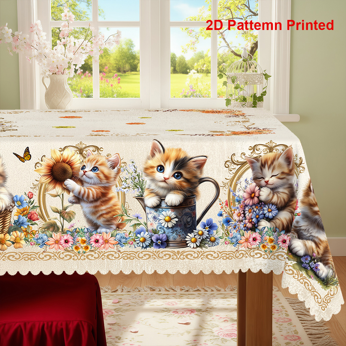 TEMU 2d Flat Printing, 1pc Cute Cat Tablecloth, Durable Polyester Tablecloth, Spring-summer Daisy Floral Print Design, Rectangular/square Tablecloth,