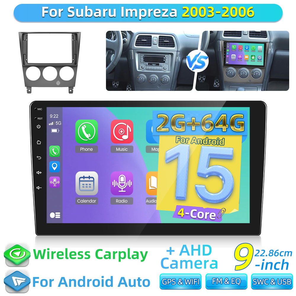 Image of 2g+64g 15 Double Din For Impreza 2003-2006 Car Stereo Auto, Car Radio 9 Inch Touch Link Gps Wifi Swc Eq Fm/ Rds + Ahd Backup Camera Halloween & Christmas