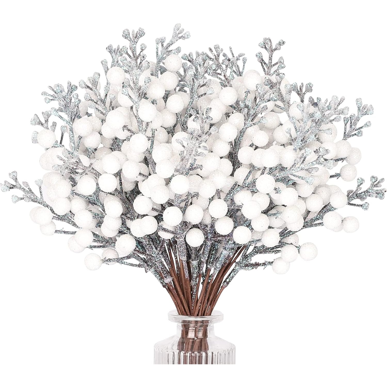 Image of 36pcs White Artificial Stems With Caps - Plastic Christmas Tree Picks Suitable For Tree Decorations, Wedding, Home, Diy Crafts - White Berries (36 Stems)