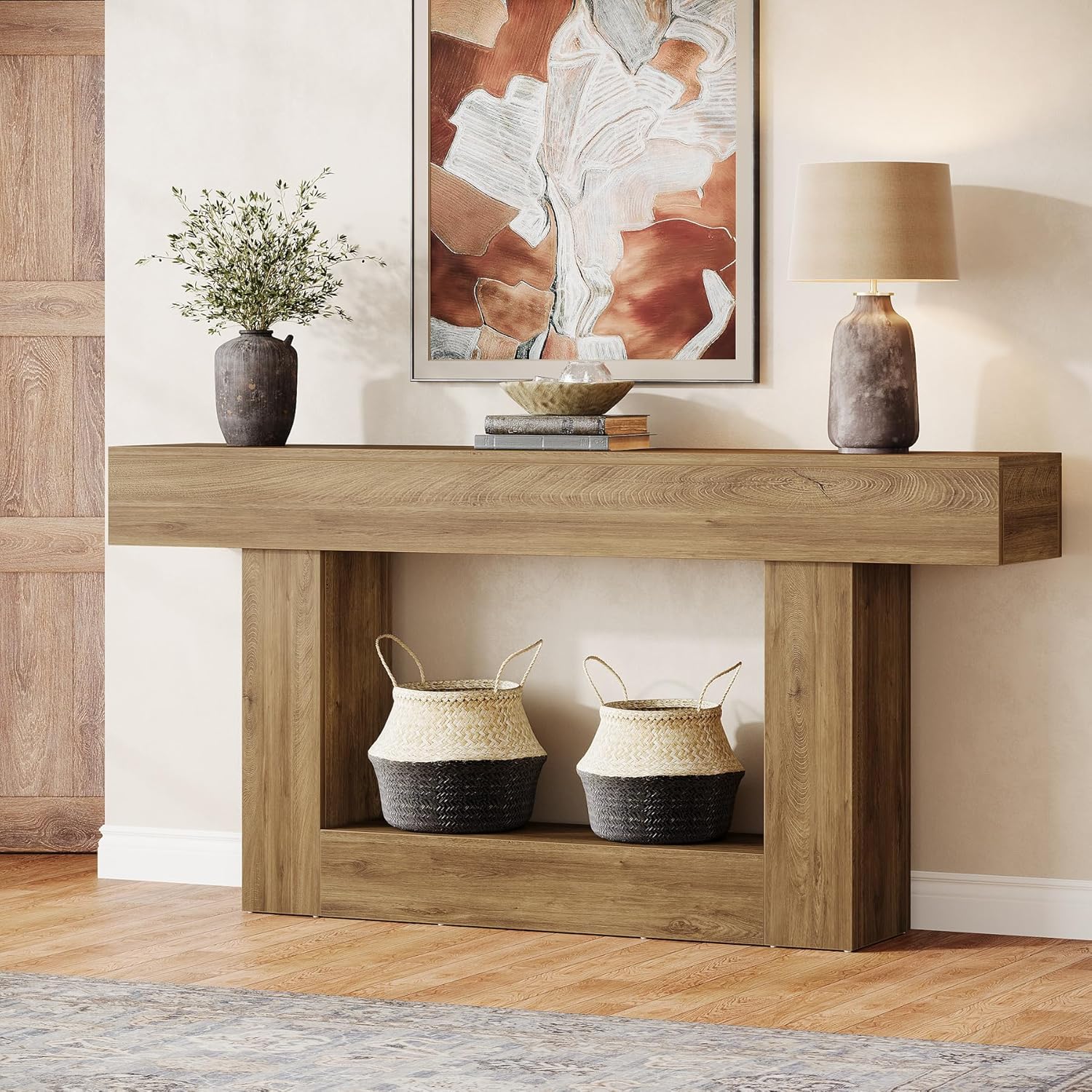 63-inch Long Console Table, 2-tier Entryway Table Sofa Table With Storage, Farmhouse Wood Behind Couch Table For Living Room, Hallway, Light Brown