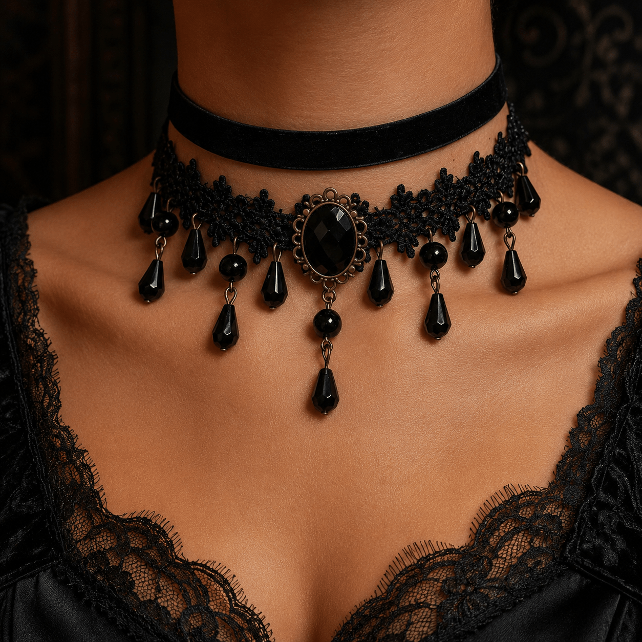 Image of 2pcs Women's Bohemian Tassel Lace Choker Necklace Set, Casual Party Wear Gothic Dark Style Party Accessory Suitable For Women's Banquets, Parties, Gatherings, Halloween, For And Lovers